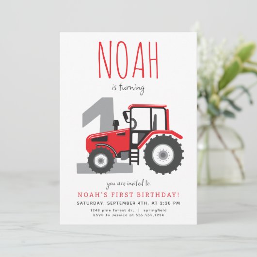 Rode Tractor Eerste Verjaardag Uitnodiging (Staand voorkant)