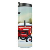 Rode tractor in de sneeuw thermosbeker (Geroteerd rechts)