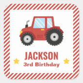 Rode Tractor Jongens Verjaardagsfeestdecor Vierkante Sticker (Voorkant)