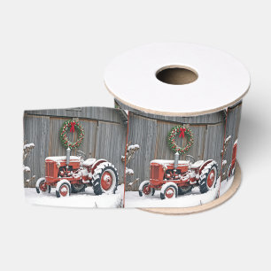 Rode Tractor Met Kerstkrans Grosgrain Lint