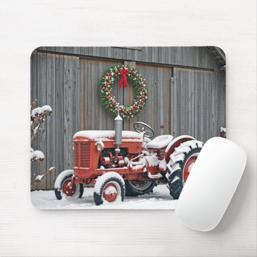 Rode Tractor Met Kerstkrans Muismat (Met muis)