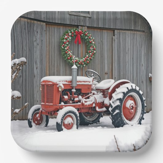 Rode Tractor Met Kerstkrans Papieren Bordje (Voorkant)