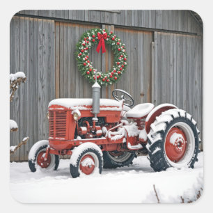 Rode Tractor Met Kerstkrans Vierkante Sticker