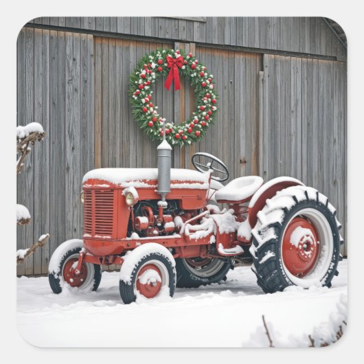 Rode Tractor Met Kerstkrans Vierkante Sticker (Voorkant)