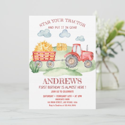 Rode tractor op elke leeftijd, verjaardag kaart (Staand voorkant)