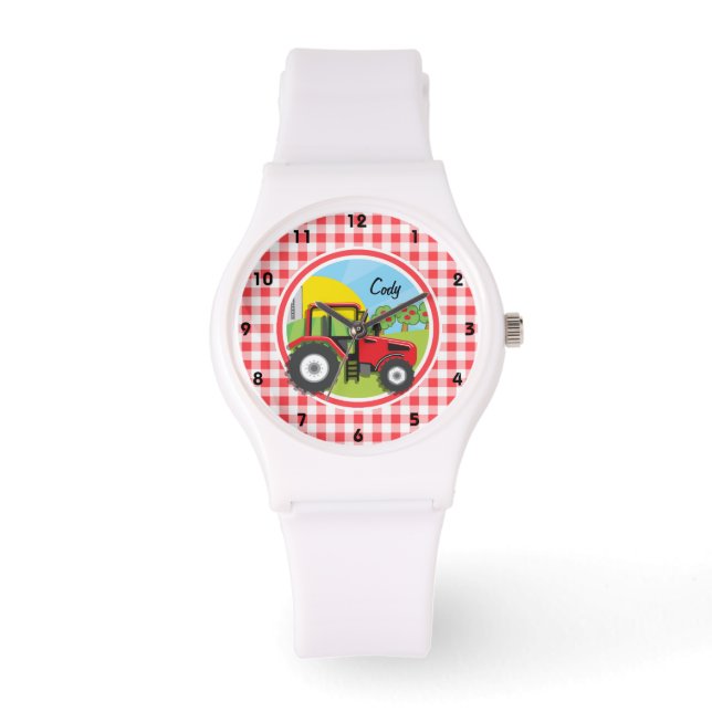 Rode Tractor op Rode en Witte Gingham Horloge (Voorkant)