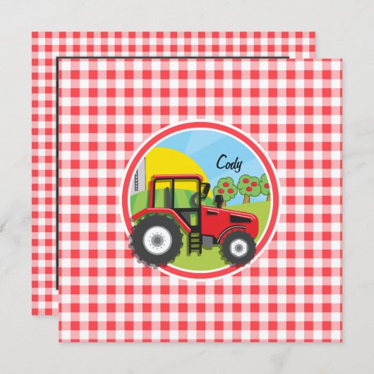 Rode Tractor op Rode en Witte Gingham Kaart (Voorkant / Achterkant)