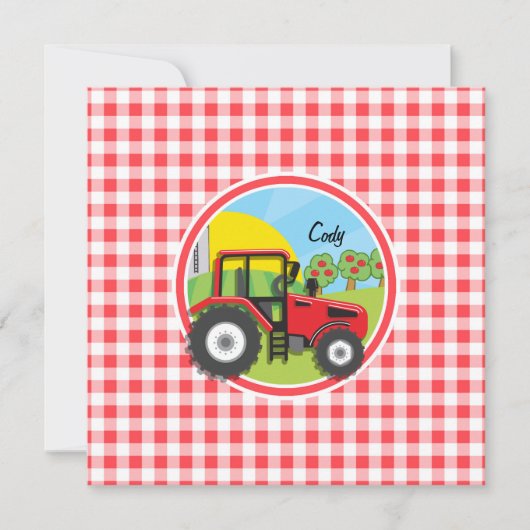 Rode Tractor op Rode en Witte Gingham Kaart (Voorkant)