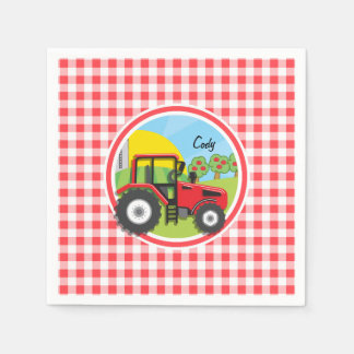 Rode Tractor op Rode en Witte Gingham Servet