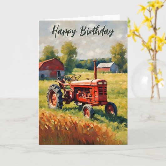 Rode Tractor Rustiek Boerderij Happy Birthday Kaart (Gele Bloem)