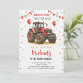 Rode tractor thema verjaardagsfeestje kaart (Staand voorkant)