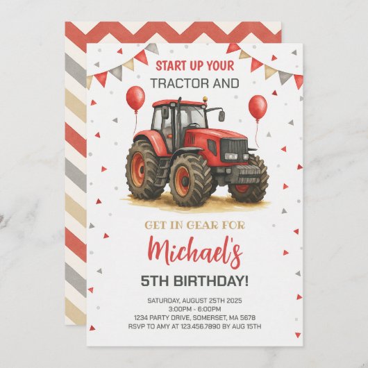 Rode tractor thema verjaardagsfeestje kaart (Voorkant / Achterkant)