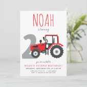 Rode Tractor Tweede Verjaardag uitnodiging (Staand voorkant)