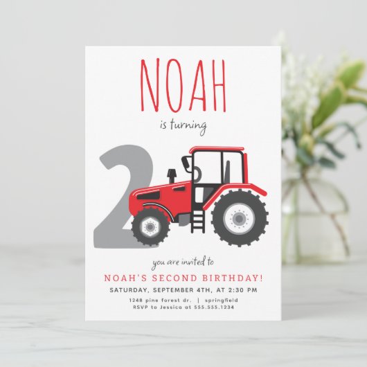 Rode Tractor Tweede Verjaardag uitnodiging (Staand voorkant)