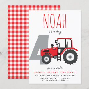 Rode Tractor Vierde Verjaardag uitnodiging