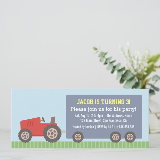 Rode Tractor Voertuig Verjaardag Uitnodigingen (Staand voorkant)