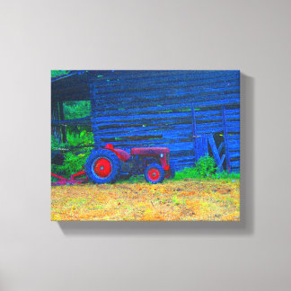Rode tractor voor schuur canvas afdruk