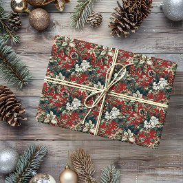 Rode traditionele kerstbloem en pinecone cadeaupapier