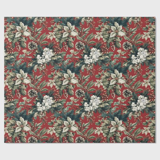 Rode traditionele kerstbloem en pinecone cadeaupapier (Vlak)