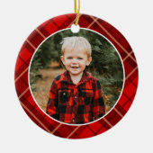 Rode Traditionele Kerstmis geruite foto Keramisch Ornament (Voorkant)