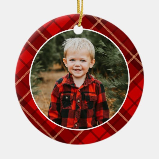 Rode Traditionele Kerstmis geruite foto Keramisch Ornament (Voorkant)