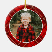 Rode Traditionele Kerstmis geruite foto Keramisch Ornament (Achterkant)