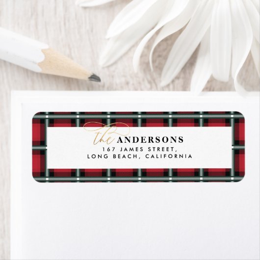 Rode traditionele tartan gepersonaliseerde kerst etiket (Insitu)