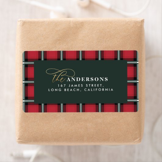 Rode traditionele tartan gepersonaliseerde kerst etiket (Insitu)