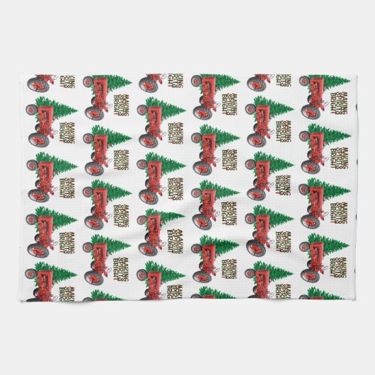  rode trekker en kerstmis met bomen   theedoek (Horizontaal)