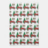  rode trekker en kerstmis met bomen   theedoek (Verticaal)