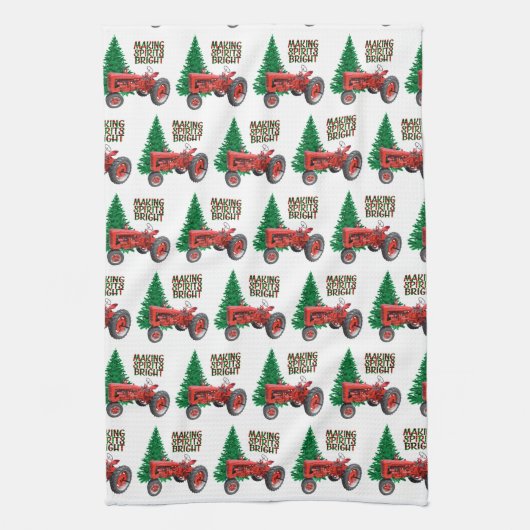  rode trekker en kerstmis met bomen   theedoek (Verticaal)