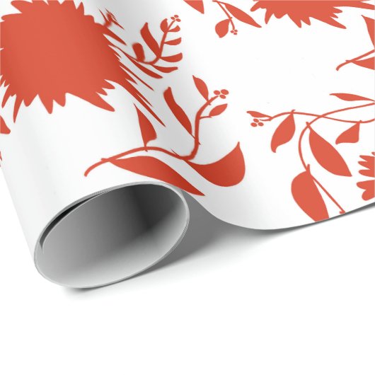Rode tropische bloemen & bladeren op wit cadeaupapier (Rol Hoek)