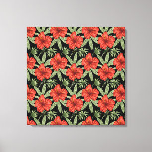 Rode tropische bloemen naadloze groene bladeren canvas afdruk