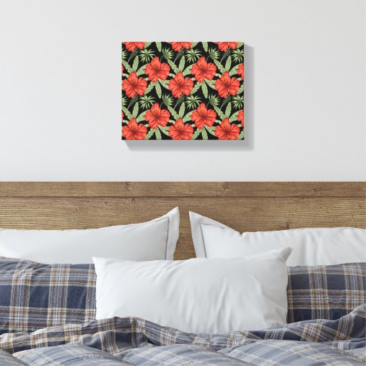 Rode tropische bloemen naadloze groene bladeren canvas afdruk (Insitu (Slaapkamer))