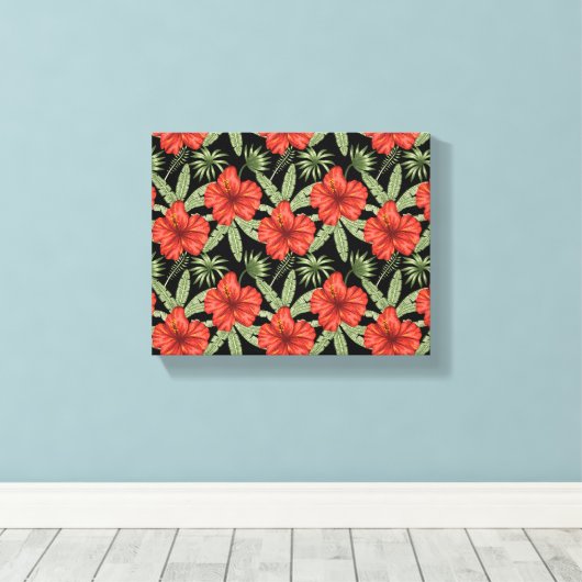 Rode tropische bloemen naadloze groene bladeren canvas afdruk (Insitu (Houten vloer))