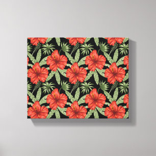 Rode tropische bloemen naadloze groene bladeren canvas afdruk
