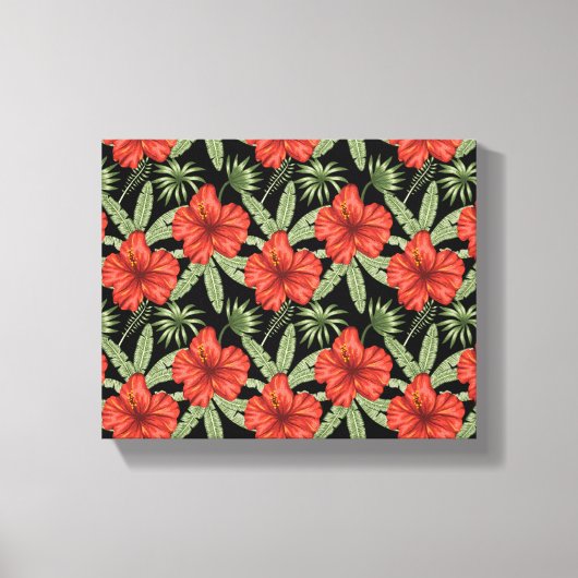 Rode tropische bloemen naadloze groene bladeren canvas afdruk (Voorkant)
