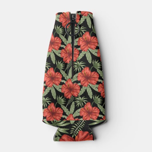 Rode tropische bloemen naadloze groene bladeren flesjeskoeler (Achterkant)