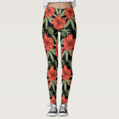 Rode tropische bloemen naadloze groene bladeren leggings (Voorkant)
