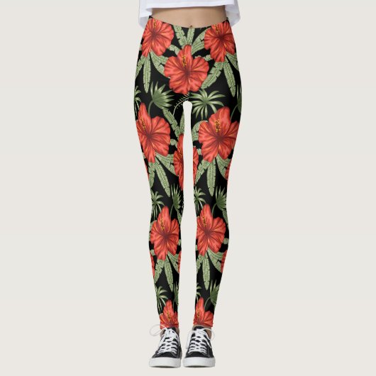 Rode tropische bloemen naadloze groene bladeren leggings (Voorkant)