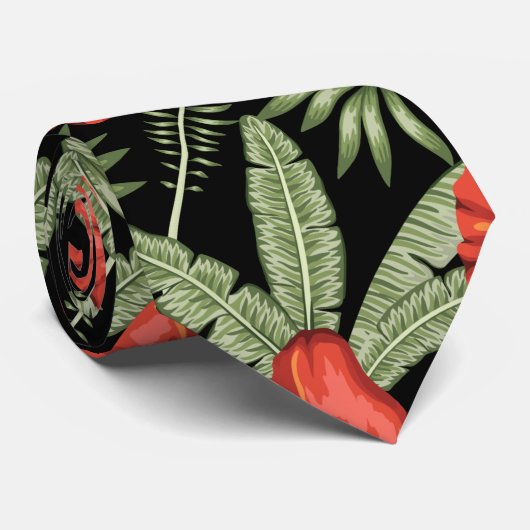 Rode tropische bloemen naadloze groene bladeren stropdas (Opgerold)