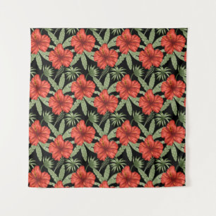 Rode tropische bloemen naadloze groene bladeren wandkleed