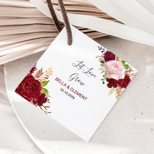 Rode tropische en romantische bruiloft laat liefde bedankjes labels
