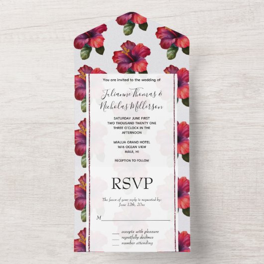 Rode Tropische Hibiscus Bloemen Huwelijk All In One Uitnodiging (Binnen)