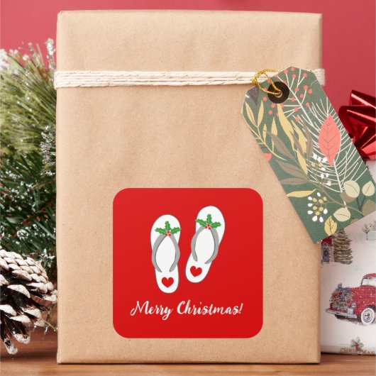 Rode tropische kerst holly leaf strand teenslipper vierkante sticker (Feestdagen)