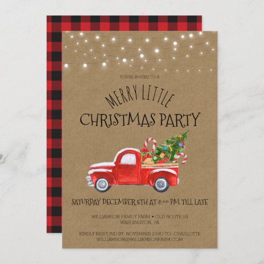  Rode Truck & Buffalo Plaid Kerstfeest Kaart (Voorkant / Achterkant)