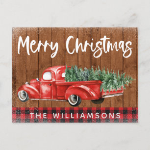 Rode Truck Buffalo Plaid Naam Kerst Feestdagenkaart