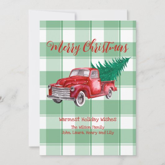 Rode Truck Dennenboom Prettig Kerstfeest Groen Gin Feestdagenkaart (Voorkant)