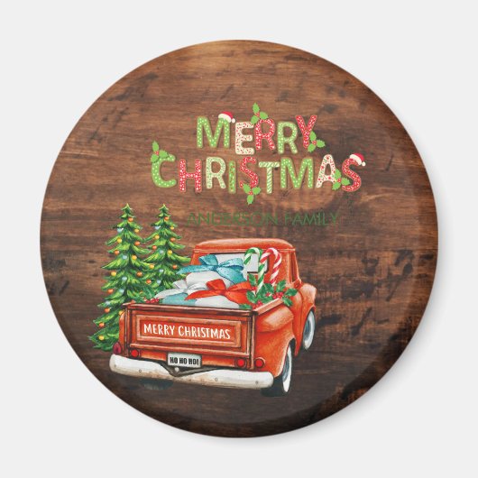 Rode Truck Dennenboom Prettig Kerstmis Hout Magneet (Voorkant)