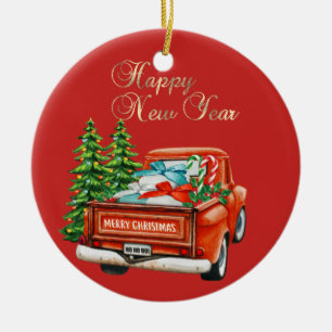Rode Truck Dennengehakt Kerstmis Keramisch Ornament
